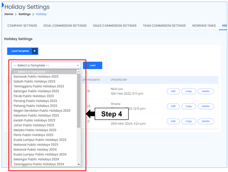 Holiday list edit page