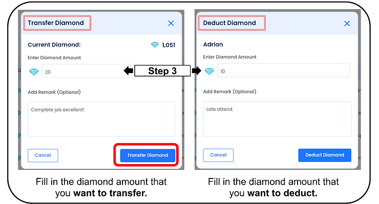 Transfer Diamond and Deduct Diamond dialogs