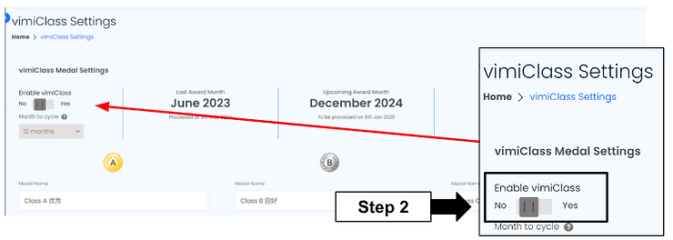 vimiClass settings page with Enable toggle